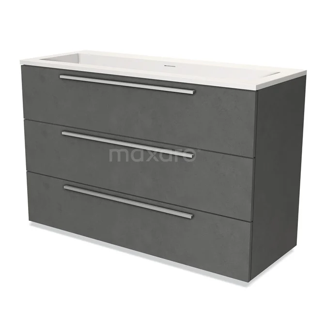 Dark grey bathroom furniture set with three drawers, metal handles and a white ceramic basin from the Modern line.