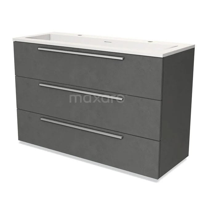 Grey bathroom unit with three drawers, sleek design and sturdy handles, fitted with a white basin.