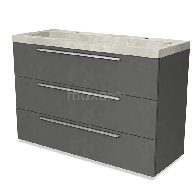 Modulo Vanity units with basin | 120 cm Dark grey concrete Flat front Concrete 3 drawers BMW19-02014 Grey bathroom cabinet with three drawers, metal handles and ceramic top, ideal for a modern bathroom.