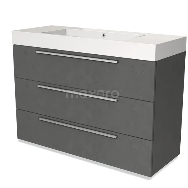Grey bathroom furniture set with three drawers, sleek metal handles and white ceramic basin worktop, modern design.