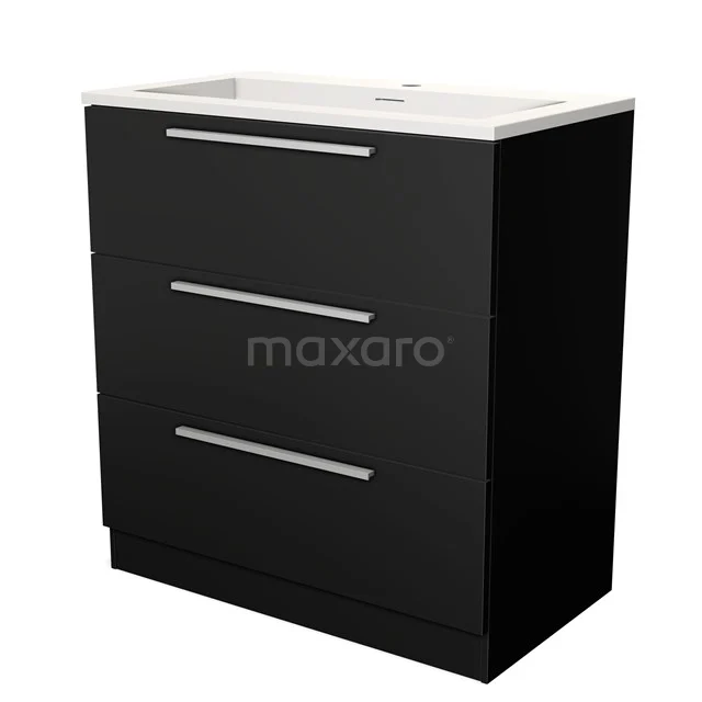 Black bathroom unit with three drawers, metal handles and white basin worktop, modern design for sleek bathrooms.