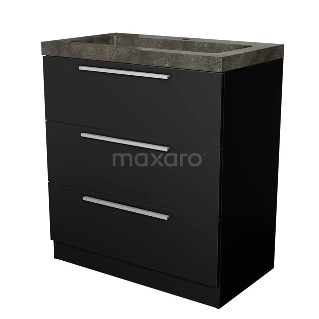 Modulo Waschtische | 80 cm Matt Schwarz Flach front Naturstein 3 stehende Schubladen BMW19S-00007 Schwarzes Badmöbel mit drei Schubladen und grauer Beton Waschtischplatte, modernes Design.