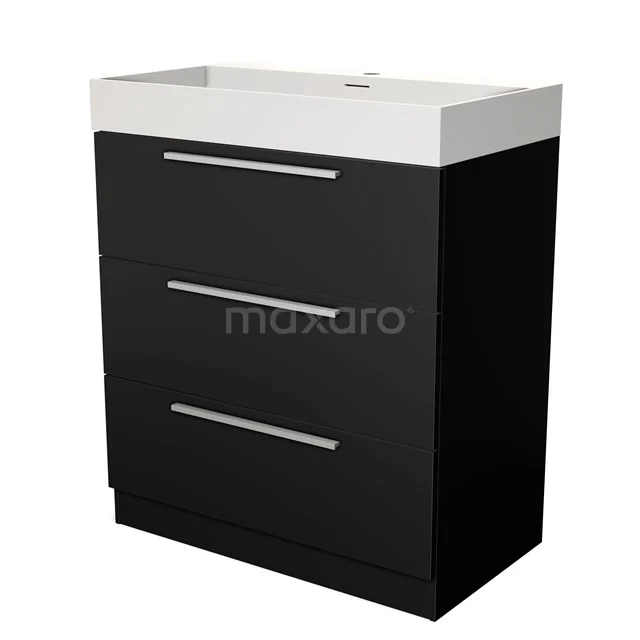 Black bathroom cabinet with three drawers, white ceramic basin and sleek silver handles. Modern design.