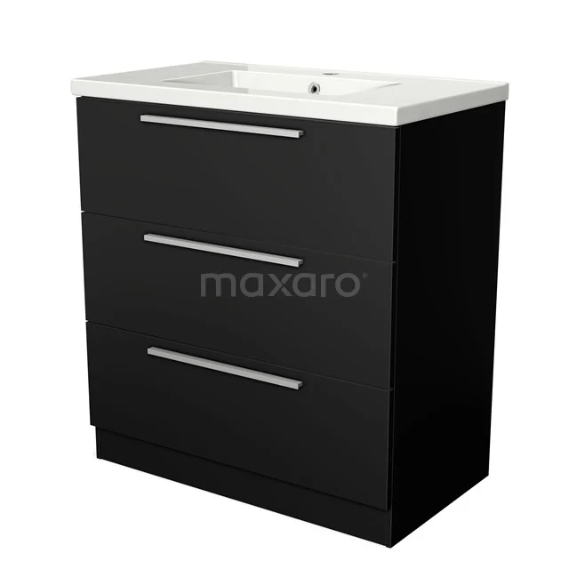 Black bathroom unit with three drawers, sleek metal handles and white ceramic basin worktop.