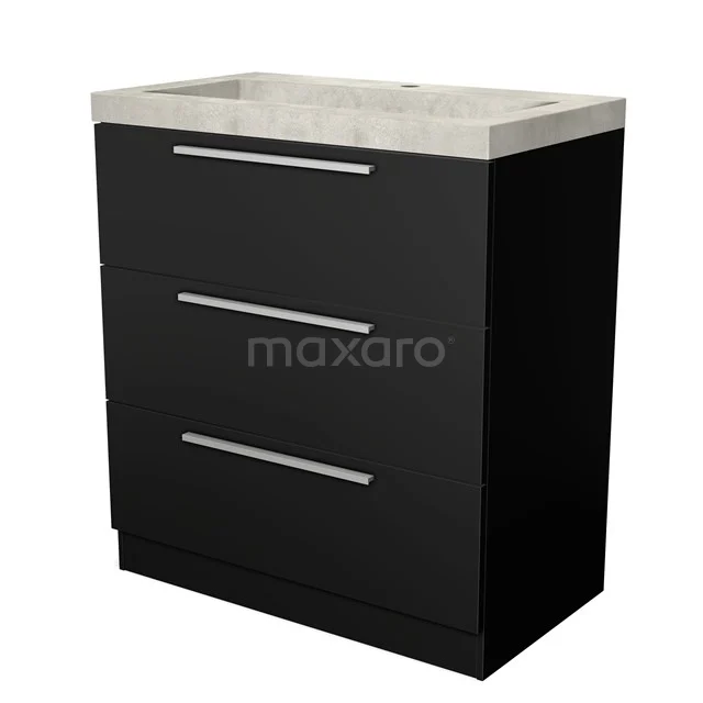 Black bathroom cabinet with three drawers, matte finish and a light grey stone basin worktop, ideal for modern bathroom spaces.