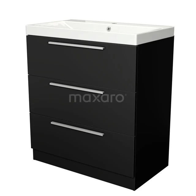 Black bathroom unit with three drawers, sleek chrome handles and white ceramic basin worktop, modern design.