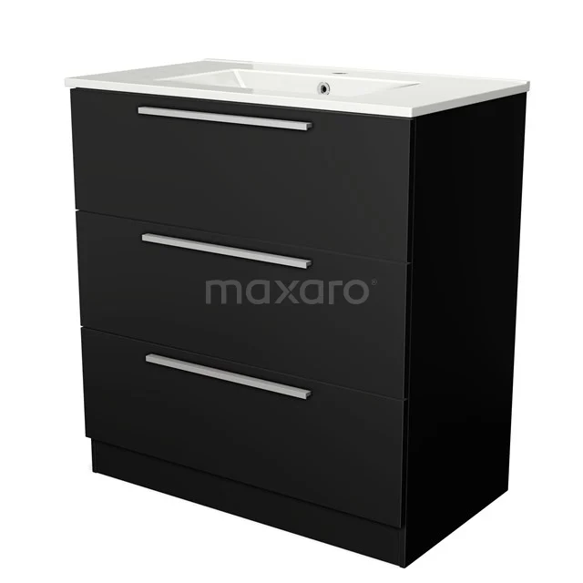 Modern black Bathroom cabinet with three drawers, sleek design and white ceramic Basin worktop, perfect for style in the bathroom.