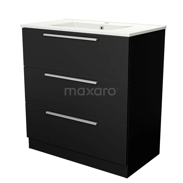 Schwarzes Badmöbel mit weißem Waschbecken, drei Schubladen mit metallischen Haltegriffen, elegantes Design, ideal für moderne Bäder.