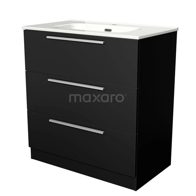 Schwarzes Badmöbel mit drei Schubladen, weißem Waschbecken und chromfarbenen Haltegriffen, modernes Design für stilvolle Bäder.