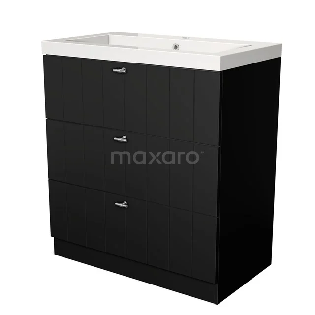 Black bathroom furniture set with ceramic sink and three drawers, sleek design for modern bathrooms.