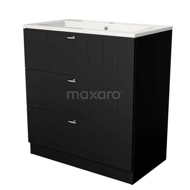 Modulo Vanity units with basin | 80 cm Matte black Slat front Mineral marble 3 standing drawers BMW19S-00020 Black vanity units with basin, modern look and three drawers with silver handles, ideal for bathroom storage.