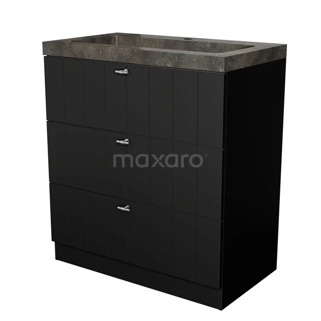 Black bathroom cabinet with three drawers and a dark stone basin worktop, modern design with sleek metal handles.