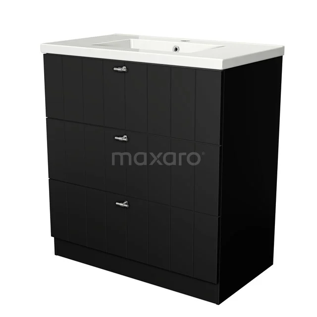 Black bathroom cabinet with three drawers and a white ceramic basin, ideal for stylish bathroom storage.