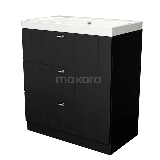 Black vanity unit with three drawers, modern look, white ceramic sink, ideal for stylish bathroom storage.