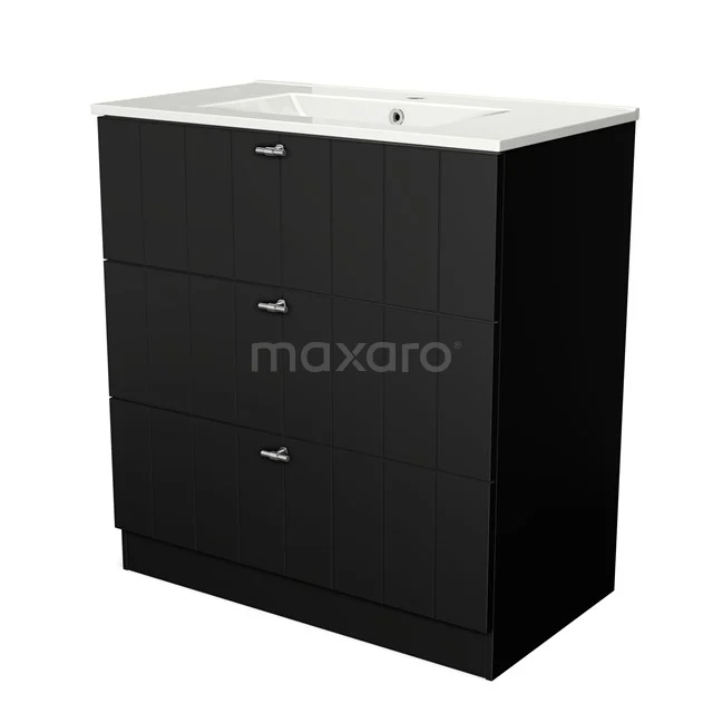 Black bathroom cabinet with three drawers, white ceramic basin and modern design, ideal for stylish bathroom storage.