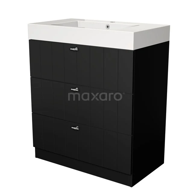 Modulo Bathroom furniture with sink | 80 cm Matte black Slat front Mineral marble 3 standing drawers BMW19S-00031 Black bathroom unit with white vanity units with basin, three drawers and modern handles, sleek design for a stylish bathroom.