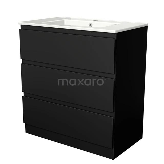 Modulo Vanity units with basin | 80 cm Matte black Handle-less front Ceramic 3 standing drawers BMW19S-00033