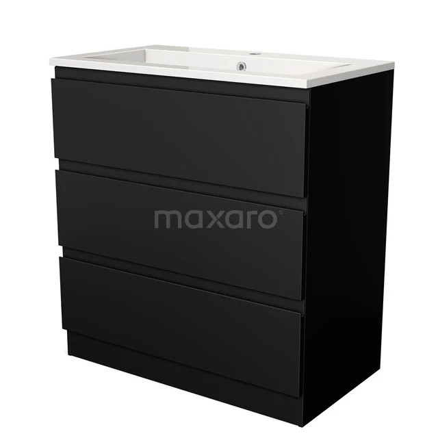 Black chest of drawers vanity unit with white ceramic sink, modern design and clean lines, ideal for a stylish bathroom.