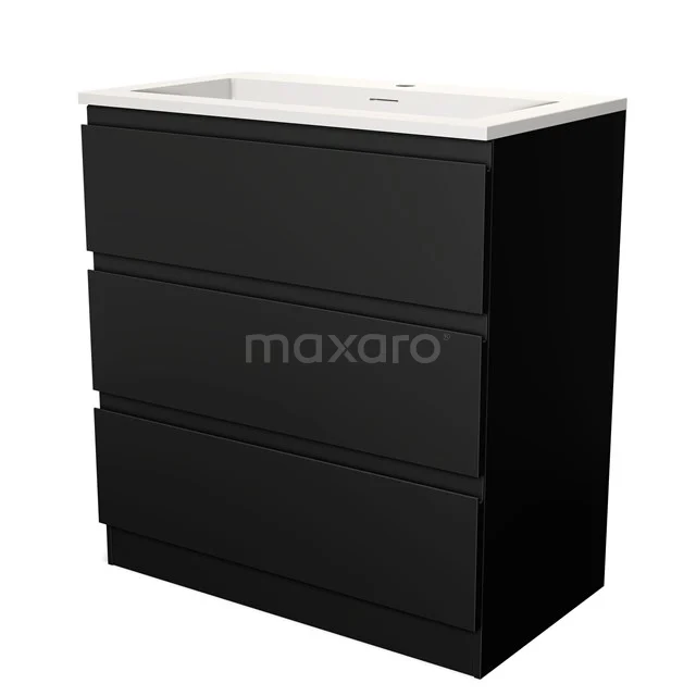 Schwarzes Badmöbel mit drei Schubladen und weißem keramischen Waschbecken, modernes Design, ideal für stilvolle Badezimmerlagerung.