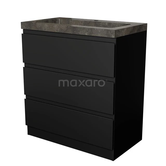 Schwarzer Badschrank mit drei Schubladen und einer dunklen Marmor-Waschtischplatte, ideal für moderne Badezimmerstile.