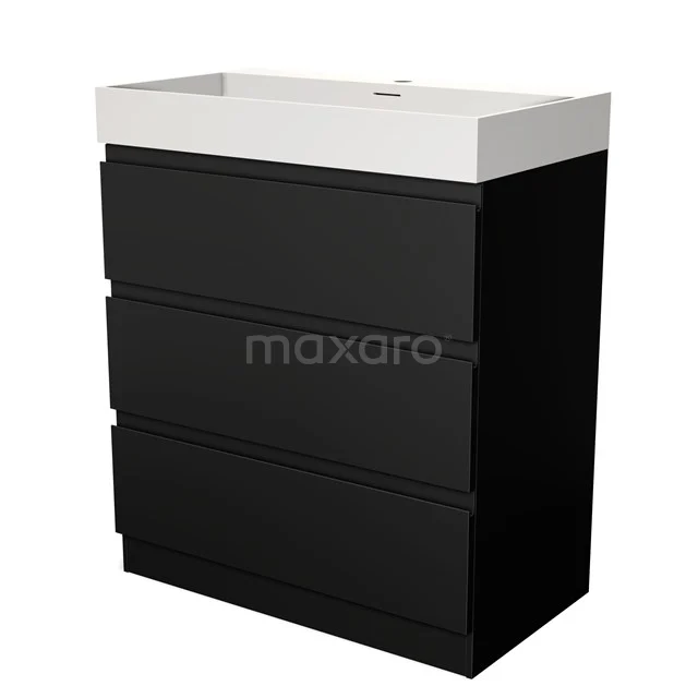 Modulo Bathroom furniture with sink | 80 cm Matte black Handle-less front Solid surface 3 standing drawers BMW19S-00040 Black bathroom unit with three drawers and a white ceramic basin worktop, ideal for modern bathroom fittings.