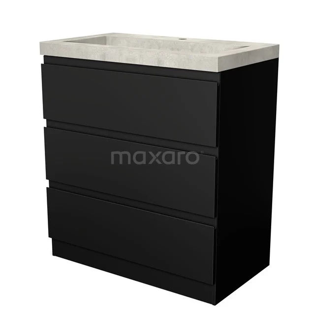 Schwarzer Badschrank mit drei Schubladen und Waschbecken, elegantes Design, ideale Aufbewahrungslösung für ein modernes Badezimmer.