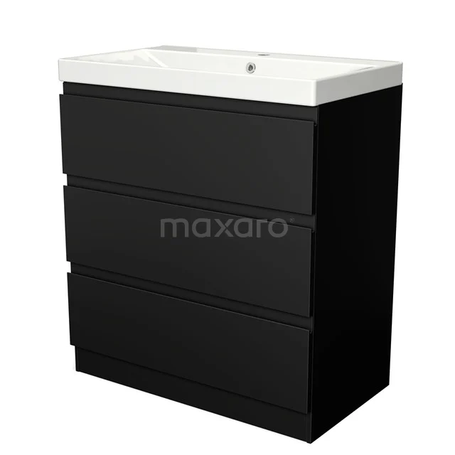 Black bathroom cabinet with three drawers and white basin, modern design, ideal for stylish and practical bathroom storage.