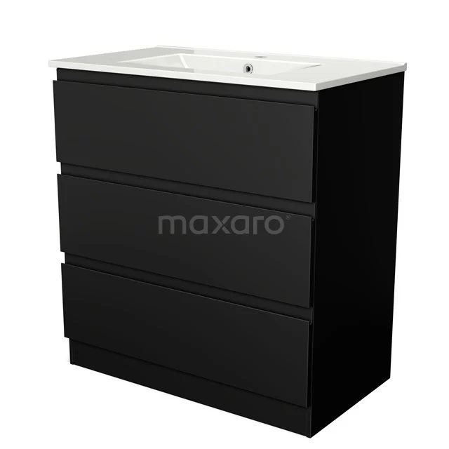 Black bathroom unit with three drawers, white ceramic basin worktop, modern design for stylish bathrooms.
