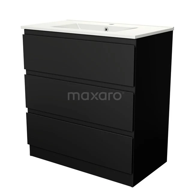 Modulo Vanity units with basin | 80 cm Matte black Handle-less front Ceramic 3 standing drawers BMW19S-00046