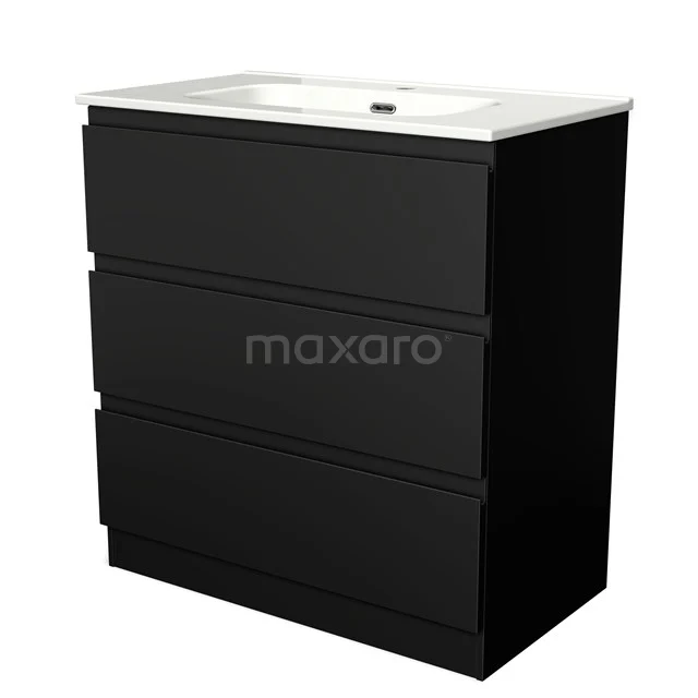 Black bathroom furniture set with three drawers, white ceramic basin and sleek design; ideal for modern bathrooms.