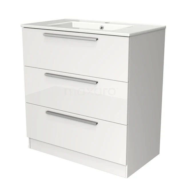 White bathroom unit with three drawers, glossy finish and metal handles, ideal for practical storage space in the bathroom.