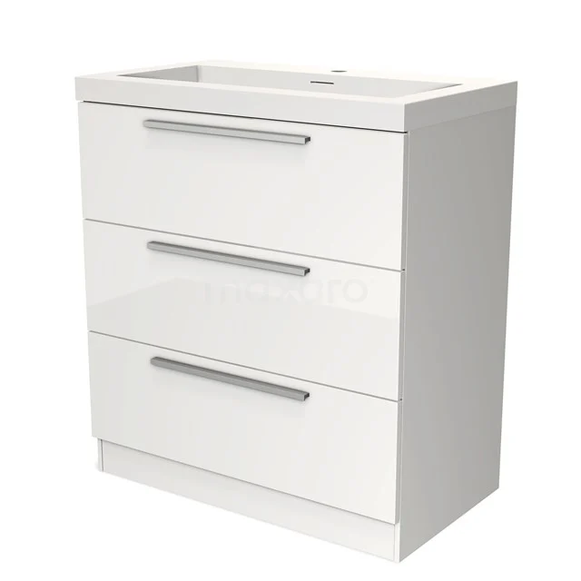White bathroom cabinet with three drawers, glossy finish and slim silver handles, ideal for organised bathroom storage.