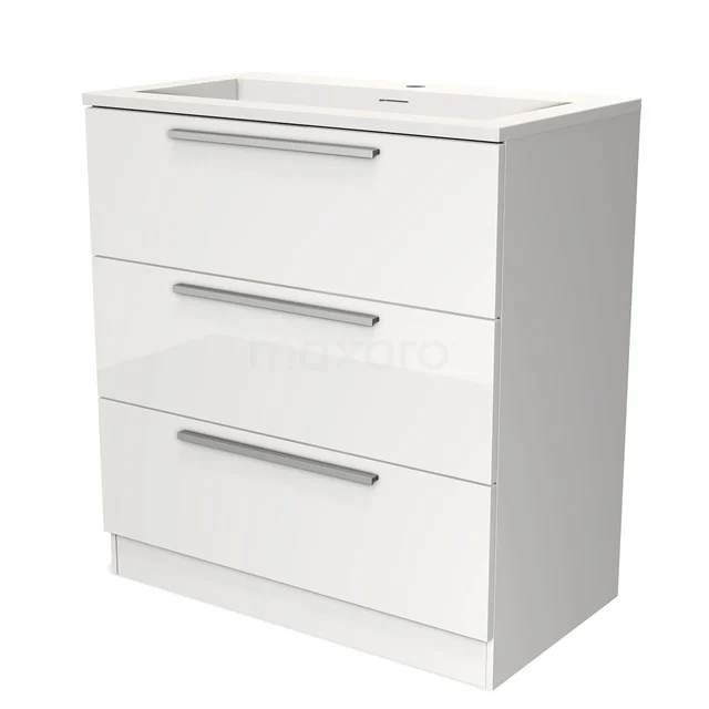 Badmöbel 80cm Modulo Hochglanz Weiß 3 Schubladen Stehendes Waschbecken Solid Surface BMW19S-00054 Weißes Badezimmermöbel mit drei Schubladen, modernes Design, metallene Haltegriffe und glänzende Oberfläche, ideal für Badezimmerlagerung.