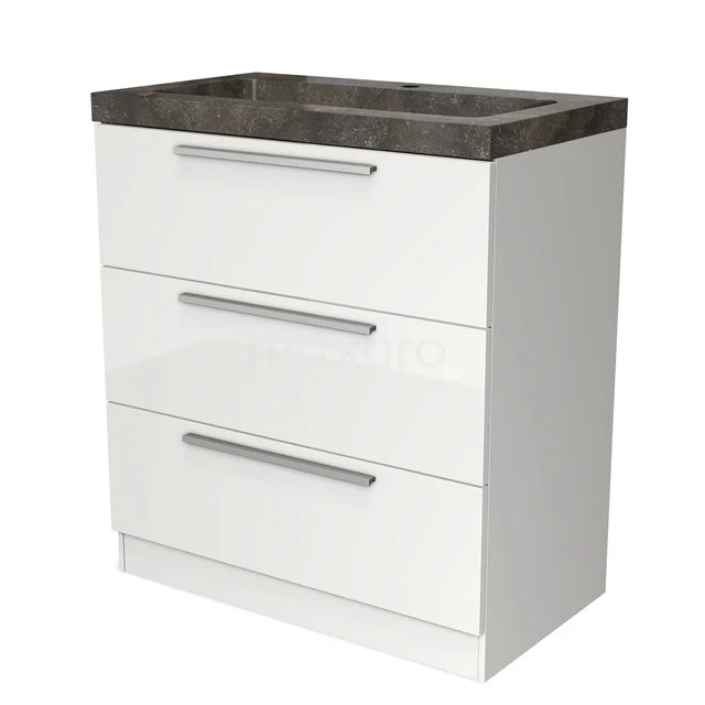 Modulo Vanity units with basin | 80 cm High-gloss white Flat front Natural stone 3 standing drawers BMW19S-00055