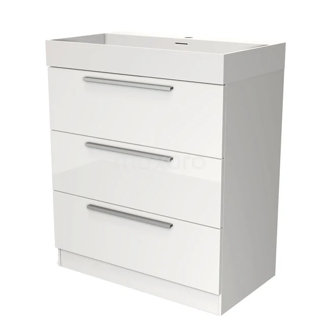 White bathroom cabinet with three drawers, modern design, glossy finish and metal handles, ideal for extra storage space.