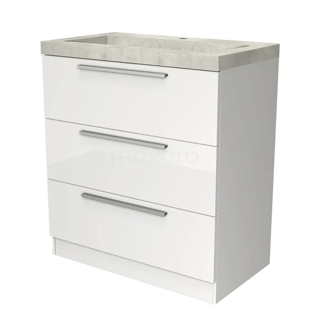 Weißes Badezimmermöbel mit drei Schubladen, modernem Design, Aluminium-Haltegriffen und einer Betonplatte.