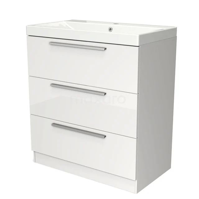 White bathroom unit with glossy finish, three soft-close drawers and metal handles, ideal for modern bathroom storage.