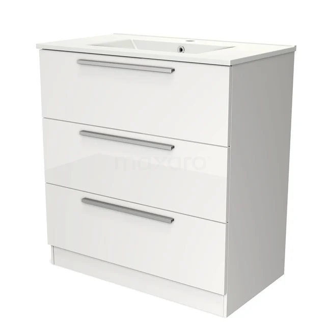 Weißes Badezimmermöbel mit drei Schubladen, Chrom Haltegriffen und einem integrierten Waschbecken, elegantes Design für moderne Bäder.