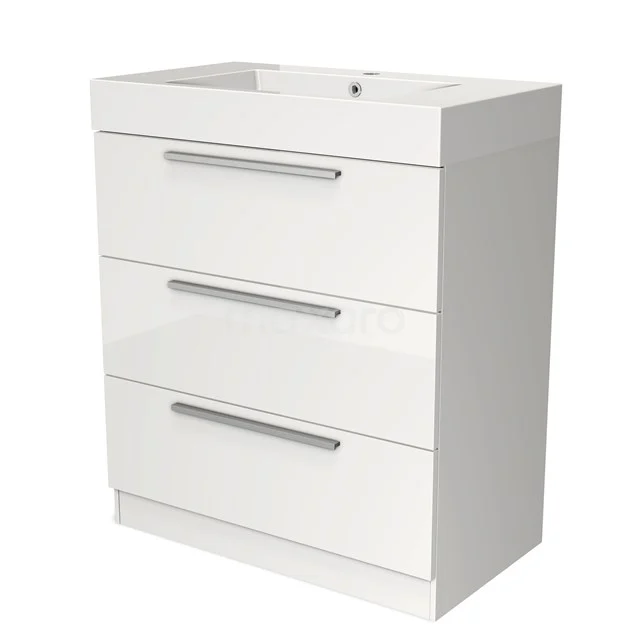 Weißes Badezimmermöbel mit drei Schubladen, glänzender Oberfläche und integriertem Waschbecken, ideal für moderne Badezimmergestaltung.
