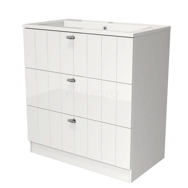 Modulo Bathroom furniture with sink | 80 cm High-gloss white Slat front Mineral marble 3 standing drawers BMW19S-00068 White bathroom cabinet with three glossy drawers, sleek design and ceramic basin, ideal for modern bathrooms.