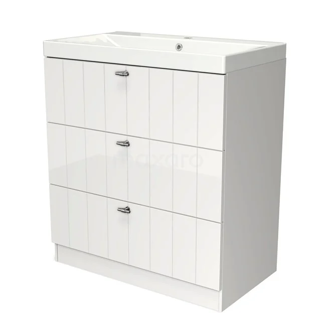 Modulo Waschtische | 80 cm Hochglanz Weiß Lamelle front Keramik 3 stehende Schubladen BMW19S-00076 Weißes Holz-Badezimmermöbel mit Schublade, vertikalen Rillen und chromatischen Griffen, ideal für stilvolle Badezimmerlagerung.