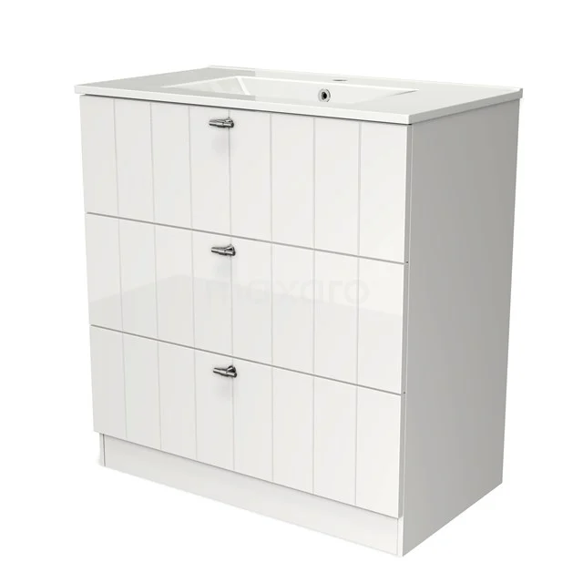 White bathroom unit with three drawers, modern design and integrated basin, ideal for stylish bathroom storage.