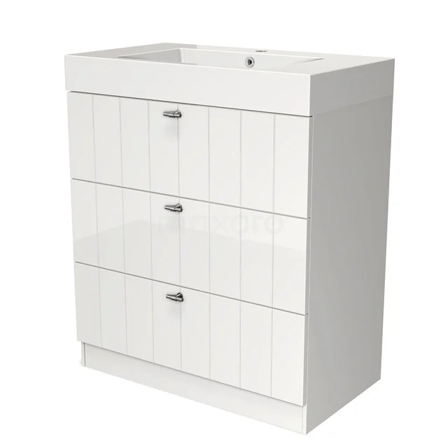 White bathroom unit with three vertical drawers, panel structure and chrome handles, modern design for stylish bathroom furnishing.