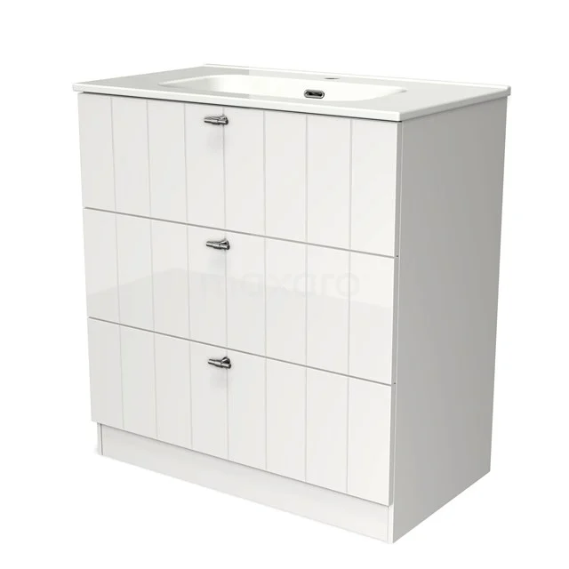 White Bathroom unit with 3 soft-close drawers, vertical lines and a ceramic basin, perfect for modern bathrooms.