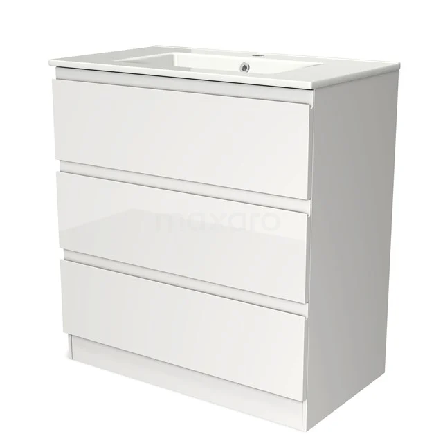 Modulo Vanity units with basin | 80 cm High-gloss white Handle-less front Ceramic 3 standing drawers BMW19S-00081
