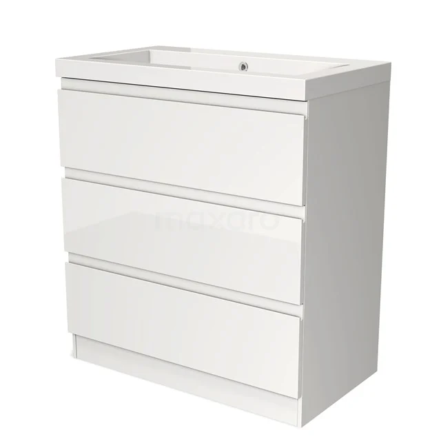 Weißes Badezimmermöbel mit drei Schubladen, modernes Design, glänzende Oberfläche, ideal für Badezimmerlagerung.