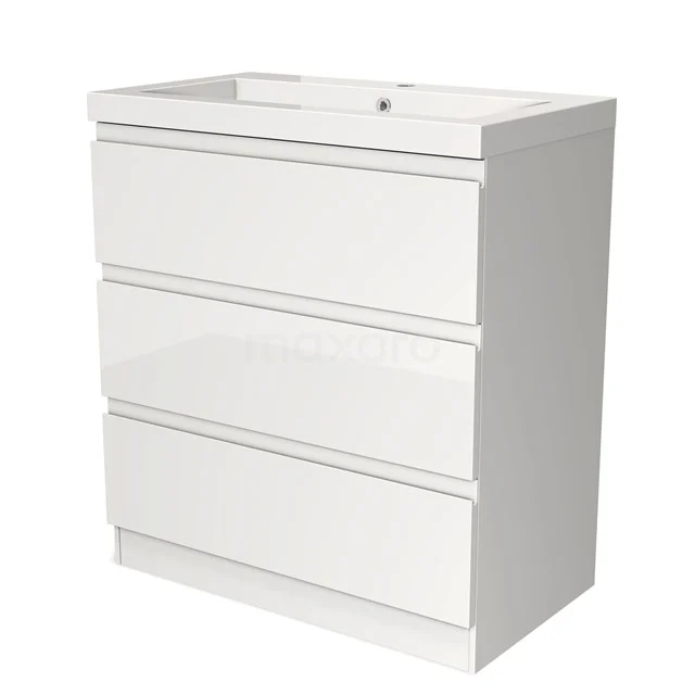 Weißes Badezimmermöbel mit drei Schubladen, moderne glänzende Oberfläche, ideal für eine schlichte und organisierte Badezimmergestaltung.