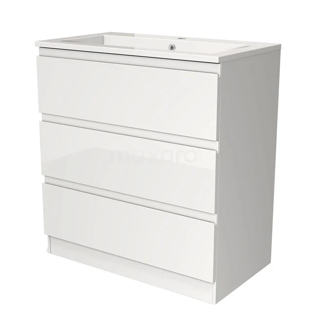Weißer Badschrank mit drei Schubladen, modernes Design, glänzende Oberfläche, geeignet für stilvolle Badezimmerlagerung.