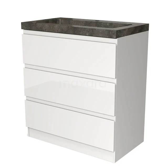 White bathroom cabinet with three drawers and a grey ceramic basin worktop, sleek design ideal for modern bathrooms.