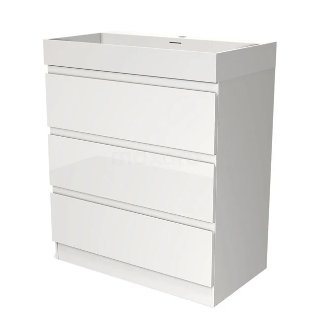 White Bathroom unit with 3 drawers, high-gloss finish, modern design, ideal for storage and style in the bathroom.